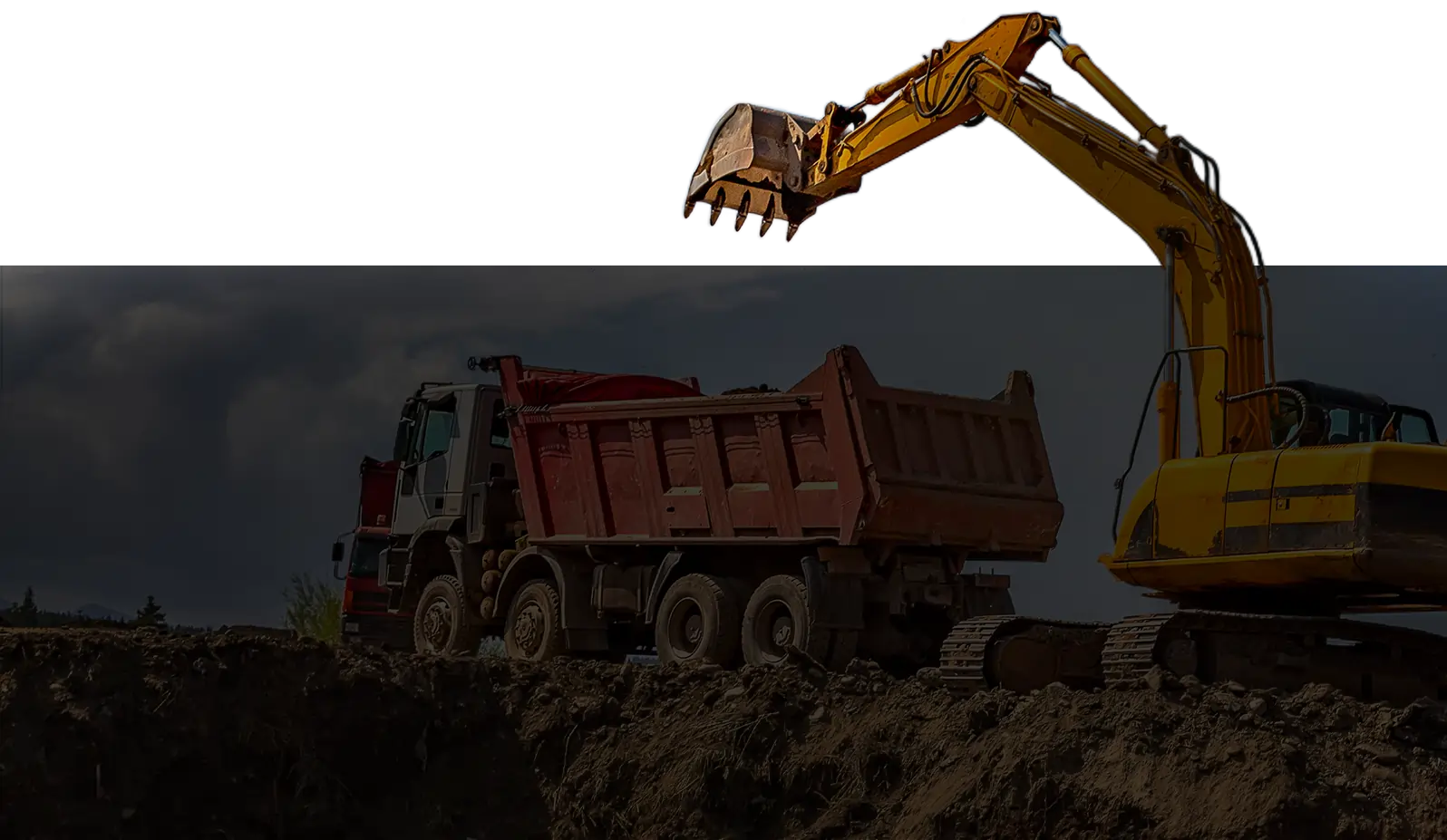 Max Demolitions excavator loading a 10-wheeler tip truck on a cleared Sydney site at dusk