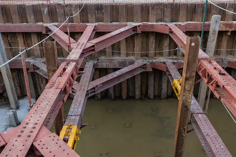 Shoring panels installed on excavated boundary